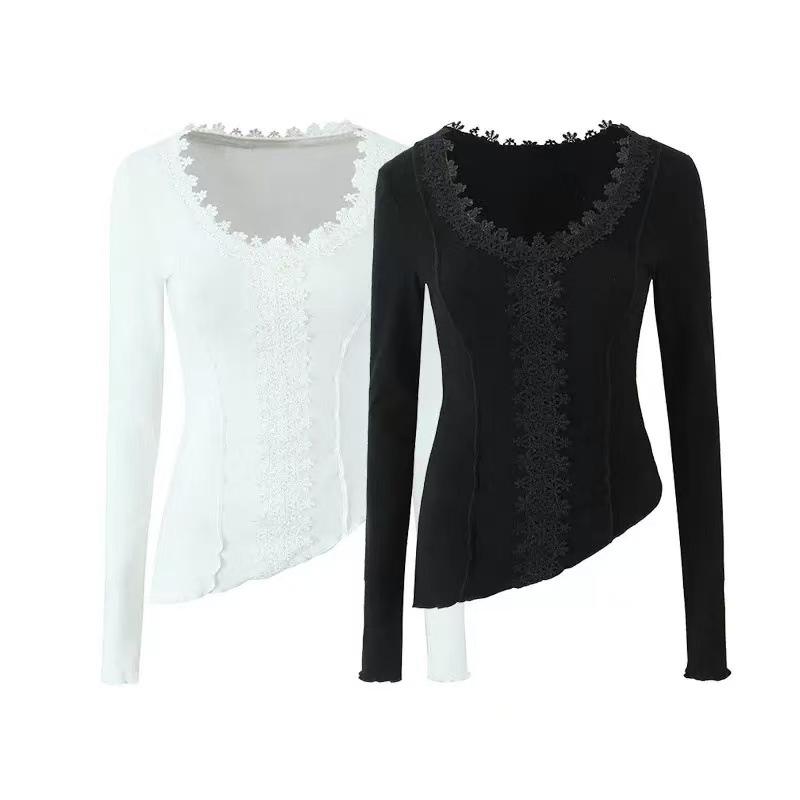 ニット レディース Vネック 長袖 花柄 レース スリムフィット 伸縮性 ポリエステル混紡 トップス 春 スウィート ブラック ホワイト(4)