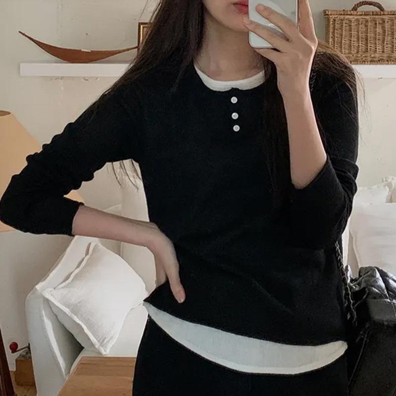 ニット レディース 韓国 配色 フェイクレイヤード スリム 長袖 トップス カットソー チュニック ポリエステル ブラック 青緑