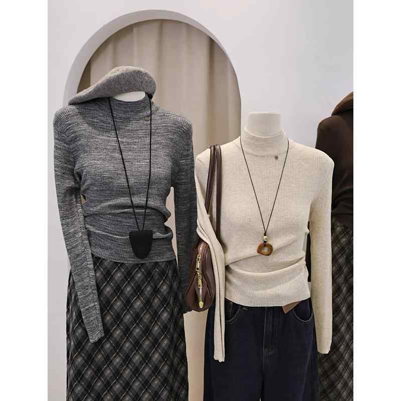 ニット レディース 長袖 トップス 秋冬 半高ネック インナー 普段使い チョコレート色 花沙灰 修身 あったか