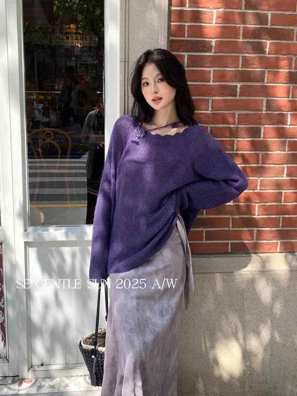 ニット レディース トップス 長袖 花柄 ラウンドネック プルオーバー 伸縮性 秋 普段使い デート コーデ 杏色 ピンク系 紫(x2)