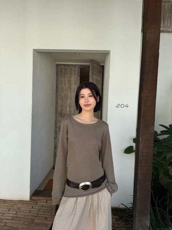 ニット レディース 一字领 トップス 麻 リネン 長袖 プルオーバー カットソー 修身 無地 ホワイト ベージュ グレー レッド 通勤着