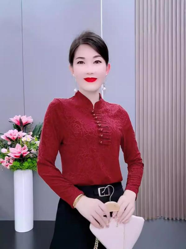 カットソー レディース 国風 提花 長袖 ポリエステル 通勤 酒紅 黒 白 秋香黄