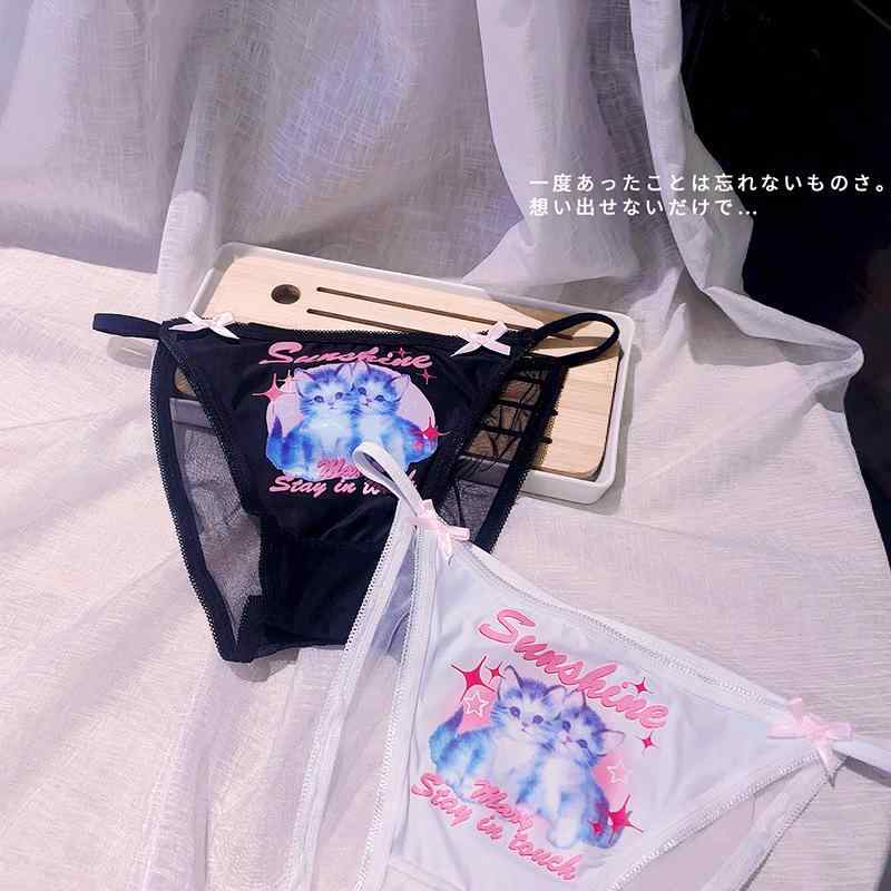 パンツ レディース 女性用 下着 ローライズ ショーツ シースルー メッシュ 少女 猫 刺繍 透け感 誘惑 ..