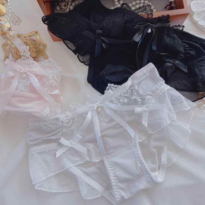 下着 レディース ショーツ パンツ 薄手 快適 少女 かわいい フリル リボン 刺繍 通気性 中ウエスト 黒 ..