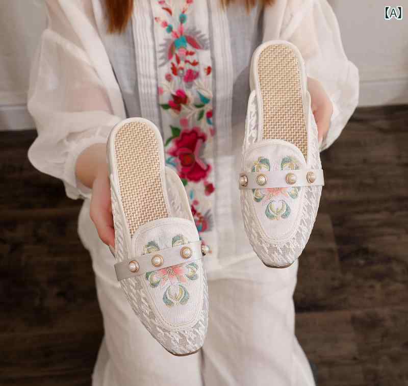 扶 揺 国 風 刺繍 スリッパ ぺたんこ 角 頭 ネット 靴 通 気 百合 布 靴 チャイナ ドレス 靴(4)
