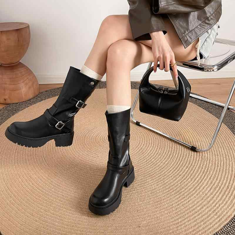 ブーツ レディース 婦人靴 ロングブーツ 膝下丈 厚底 ミドル丈 ジョッキーブーツ ベルト飾り付き 黒 ブラック 防水 滑り止め 耐摩耗性 春夏秋冬(4)