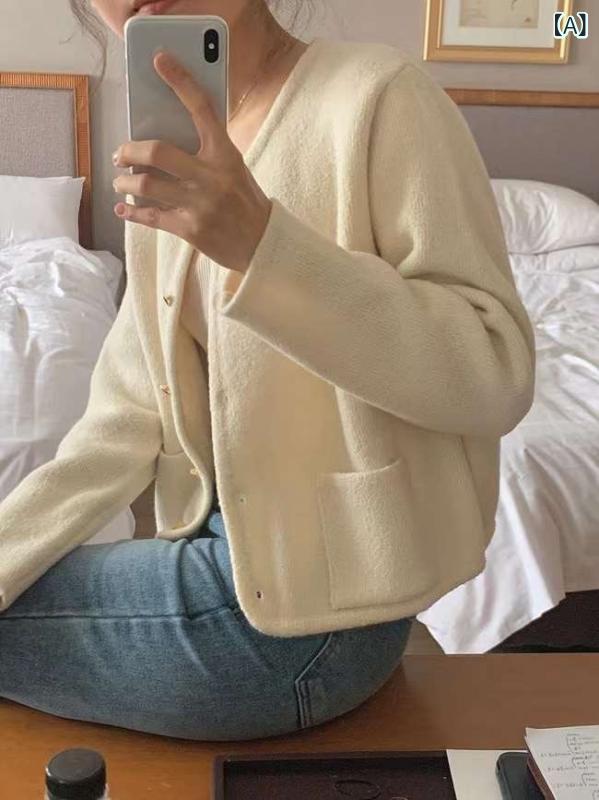 秋 新 韓国 OU * CE 小さめ 香りの ゴールデン バックル ニットカーディガン ウール ジャケット(x2)