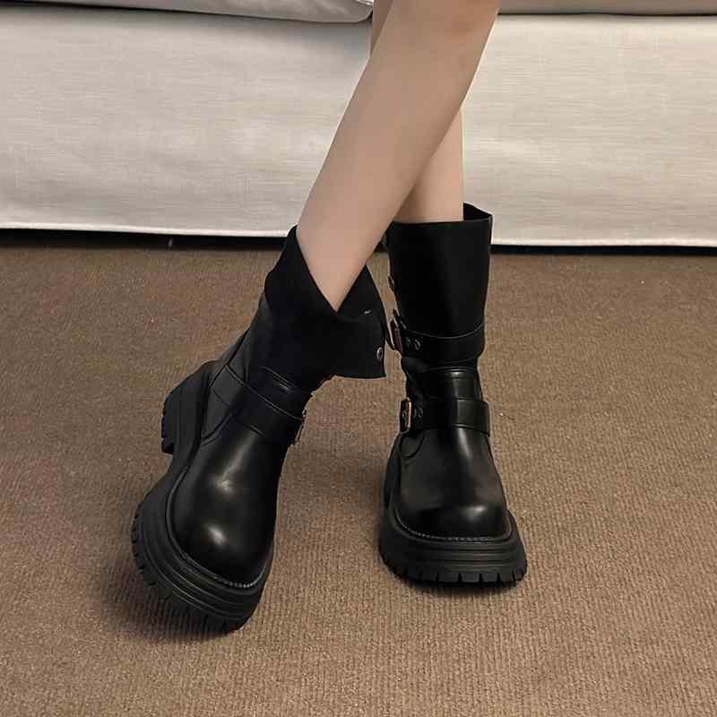 ブーツ レディース 厚底 ローマ靴風 チャンキーヒール ミドル丈 婦人靴 春夏 ブラック ブラウン系