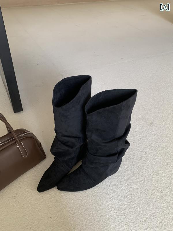 インナー 高さ 2025 秋冬 スエード プリーツ パイル ブーツ ウェッジ ソール ミッド ヒール ポインテッドトゥ ブーツ ロング ブーツ ハイヒール