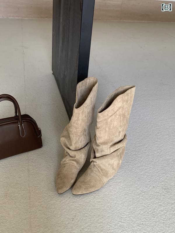 インナー 高さ 2025 秋冬 スエード プリーツ パイル ブーツ ウェッジ ソール ミッド ヒール ポインテッドトゥ ブーツ ロング ブーツ ハイヒール 2