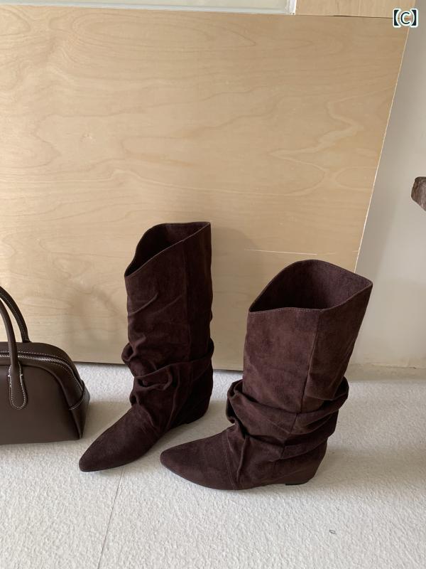 インナー 高さ 2025 秋冬 スエード プリーツ パイル ブーツ ウェッジ ソール ミッド ヒール ポインテッドトゥ ブーツ ロング ブーツ ハイヒール 3