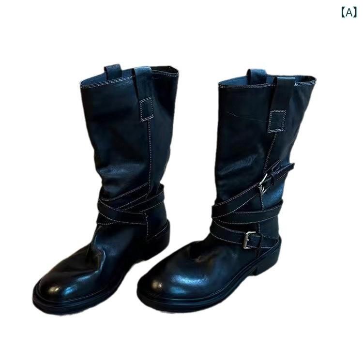 牛革 版 デザート レトロ 騎士 ブーツ レディース ベルトバックル 付き 革 太 ヒール ワイド カット 厚..