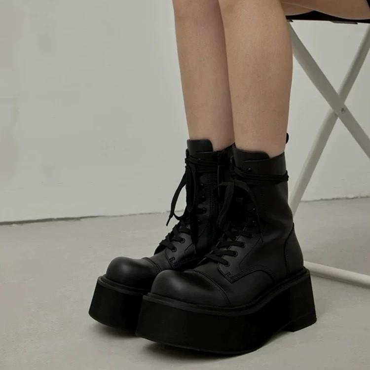 ブーツ レディース 厚底 レースアップ クール 騎士風 ショートブーツ 小柄 身長アップ 牛革 9cmヒール ブラック 春夏 秋冬 婦人靴 防水