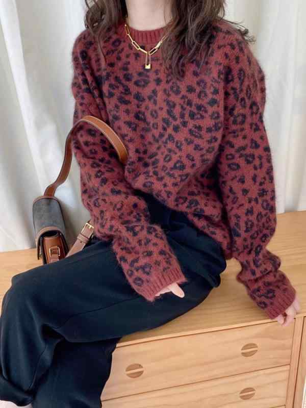 ニット レディース ヒョウ柄 カンクーンニット トップス 長袖 プルオーバー 赤 レッド 秋冬 エレガント ゆったり かわいい 普段使い