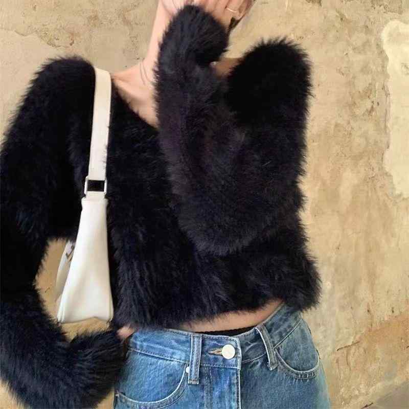 ニット レディース Vネック プルオーバー ファータッチ 長袖 トップス 秋冬 韓国 ゆったり 無地 白/黄色/緑/紫/グレー/黒(x2)