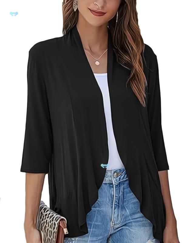 カーディガン レディース カジュアル ブラック オープンフロント ロング丈 プリンセス袖 POLO襟 接触冷感 雪尼ール素材 御姐風