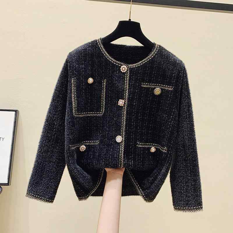 カーディガン レディース ニットカーディガン 秋冬 フェイクファー ゆったり トップス 金糸 小香風 格子柄 長袖 丸首 襟なし ホワイト ブラック