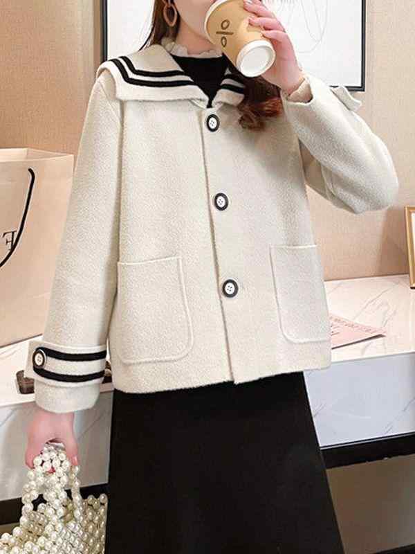 ニットカーディガン レディース 海軍襟 ミドル丈 ゆったりサイズ バイカラー 配色 長袖 学院風 秋冬 かわいい ガーリースタイル(x2)