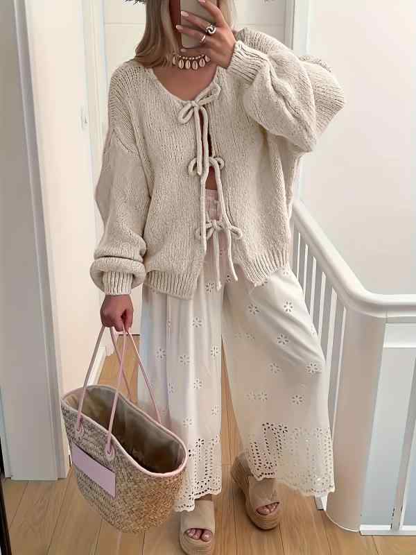 カーディガン レディース 蝶結び 長袖 カジュアル Apricot Coffee color 雪尼ール 私服 名媛 御姐風