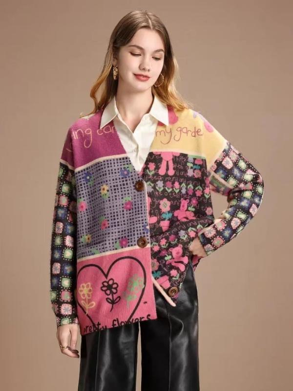 ニット レディース Vネック カーディガン ファー風 花柄 配色 長袖 トップス 秋冬 あったか ゆったり かわいい カジュアル デイリー(x5)