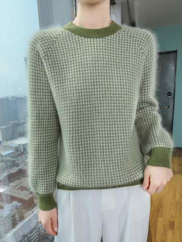 ニット レディース ファー セーター 春秋 厚手 ラウンドネック プルオーバー ゆったり 長袖 トップス 配色 きれいめ かわいい レッド キャメル デニム ブルー グリーン ラベンダー