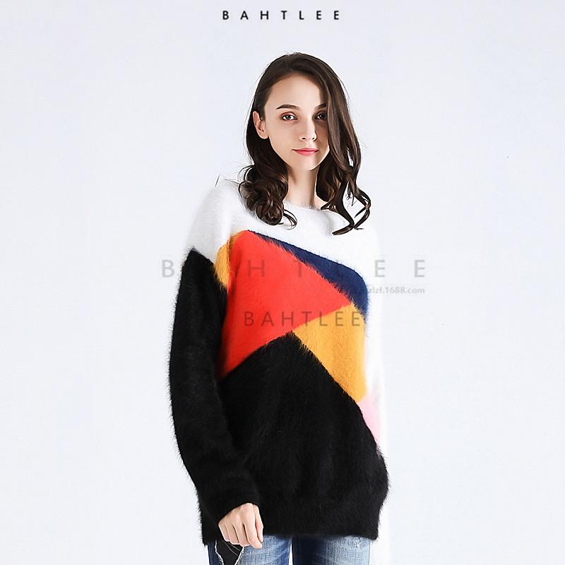 ニット レディース 秋冬 長袖 ファー セーター ミドル丈 丸首 ジャカード 切り替え 配色 幾何学模様 暖かい 防寒 女性(x3)