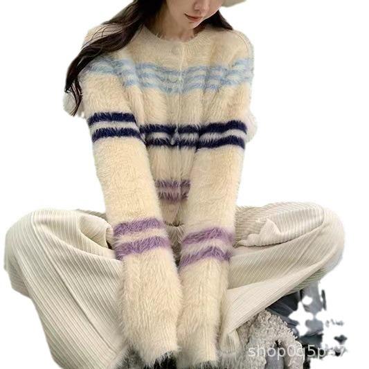 カーディガン レディース 秋冬 ニットカーディガン 撞色ボーダー 配色 フェイクファー ゆったり かわいい トップス ニットセーター 長袖 ラウンドネック 襟なし 伸縮性 普段使い デート