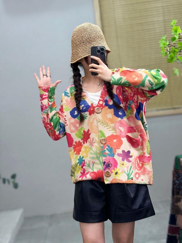 ニット レディース ファー タッチ カーディガン 植物 花柄 プリント Vネック ゆったり 秋冬 あったか エレガント 通勤 きれいめ(x5)