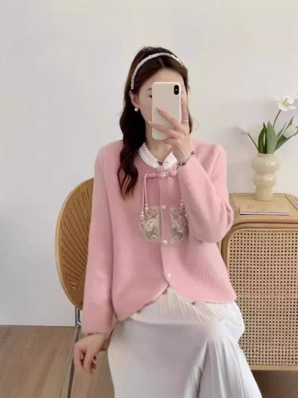 カーディガン レディース チャイナ風 ニット 刺繍 襟付き ショート丈 フェイクファー 秋冬 乳白 ピンク系 ブルー アウター