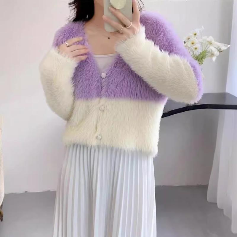 カーディガン レディース 秋冬 配色 ニット Vネック ゆったり 普段使い トップス ディアタッチ風 ポリエステル かわいい ガーリー フェミニン 短め丈