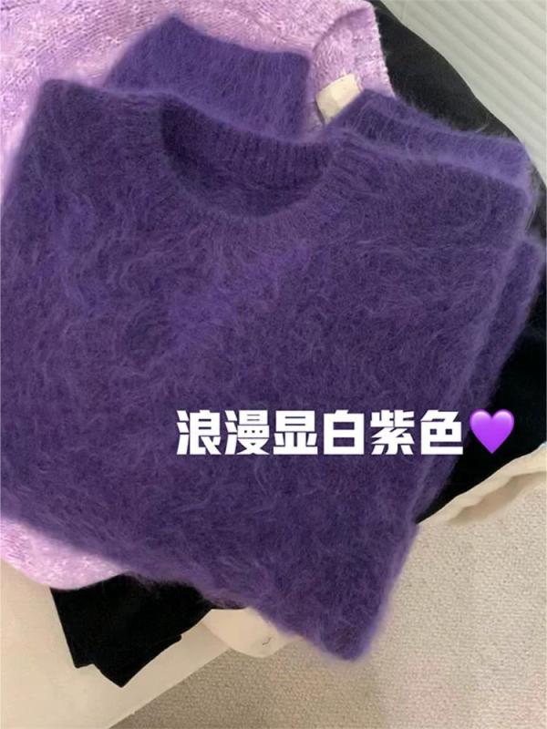 ニット レディース 秋冬 紫色 クルーネック セーター 貂毛 普段使い トップス 長袖 ストリート カジュアルスタイル かわいい 暖かい(x2)