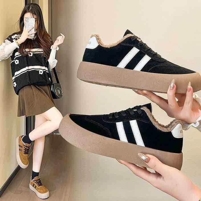 スニーカー レディース 厚底 運動靴 秋冬 ローカット 紐あり あったか 裏起毛 暖かい 防寒 クッション性 ランニング ジョギング ウォーキング 黄色 イエロー ブラウン ブラック 大きいサイズ