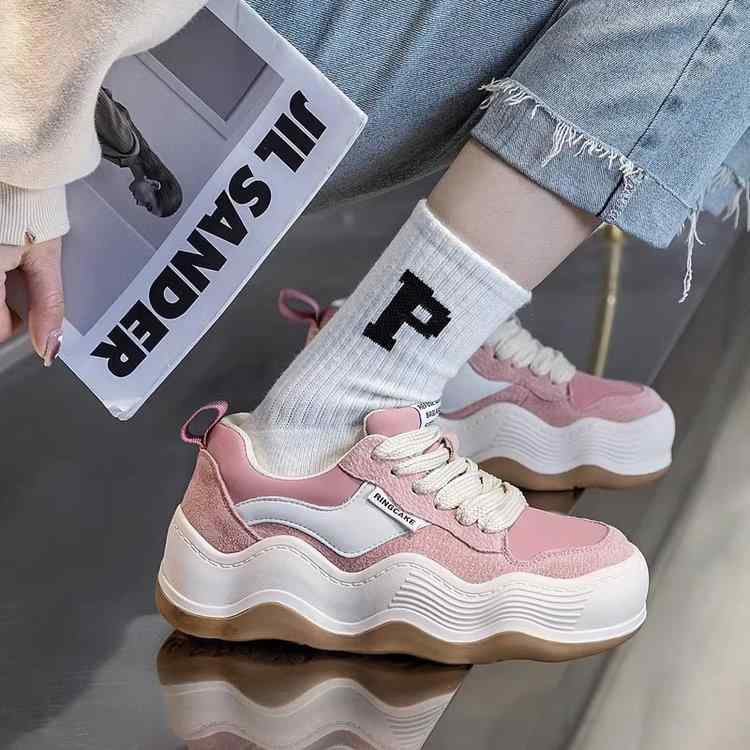 スニーカー レディース 厚底 靴 韓国 スポーツシューズ カジュアル 通気性 クッション性 運動靴 ランニングシューズ 婦人靴 歩きやすい 普段使い ブラック ピンク系(4)