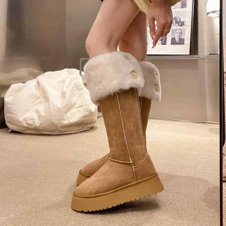 スノーブーツ レディース 秋冬 高筒 厚底 防水 防滑 暖かい 起毛 ベルベット調 カーキ