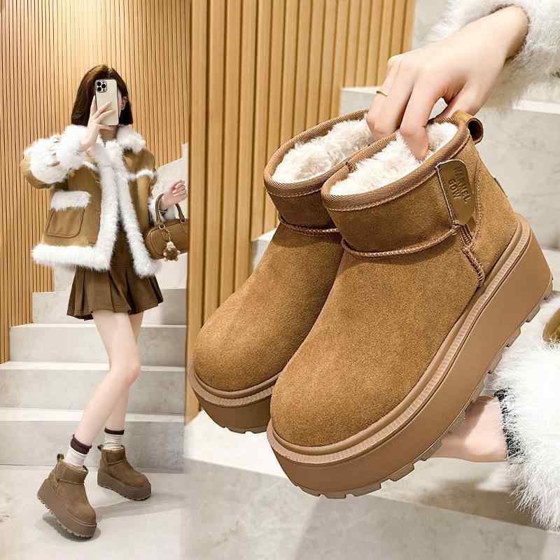 スノーブーツ レディース ショートブーツ 革 秋冬 ローカット 厚底 防寒 あったか 暖か 歩きやすい 履きやすい スリッポン カジュアル 黄色 イエロー カーキ