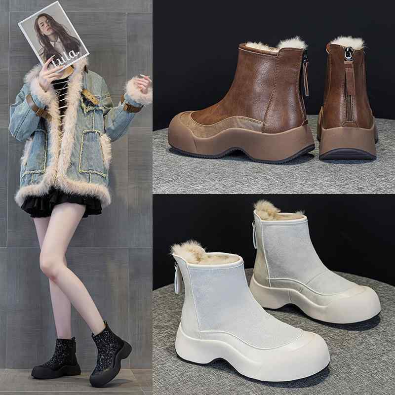 雪地ブーツ レディース 革 厚底 ショートブーツ ラインストーン付き 防滑 保温 ラウンドトゥ カジュアル ブラック ブラウン系