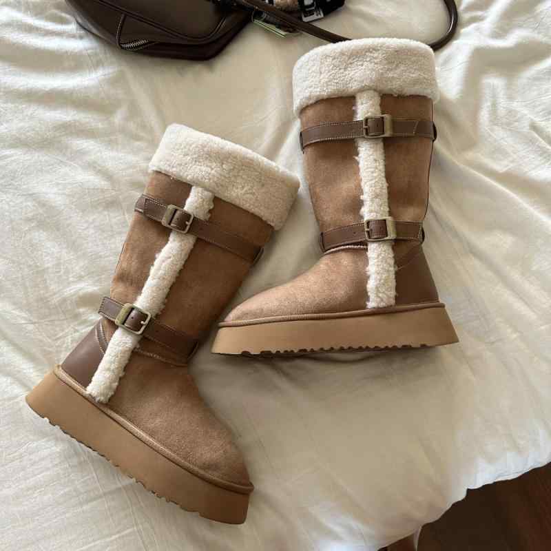 雪地ブーツ レディース 革 厚底 秋冬 カジュアル 暖かい 防寒 高筒 普段使い ラウンドトゥ 琥珀色