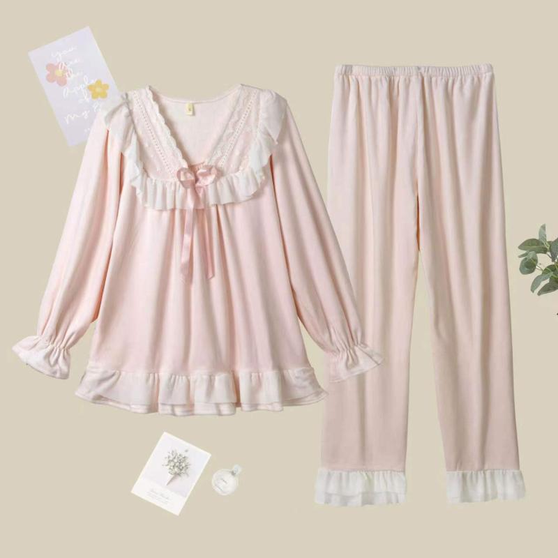 パジャマ レディース 秋冬 豪華感 かわいい 人形襟付き 上下セット 厚手 あったか 部屋着 ルームウェア ピンク系