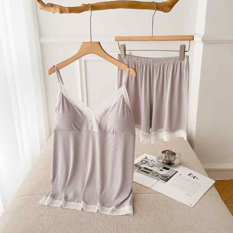 ルームウェア レディース 薄手 ノースリーブ ショートパンツ 上下セット 接触冷感 Vネック レース 涼しい 快適 春夏 パジャマ 部屋着 relaxation 薄荷緑 深藕粉 神秘灰 黒 白 深グレー 浅咖色