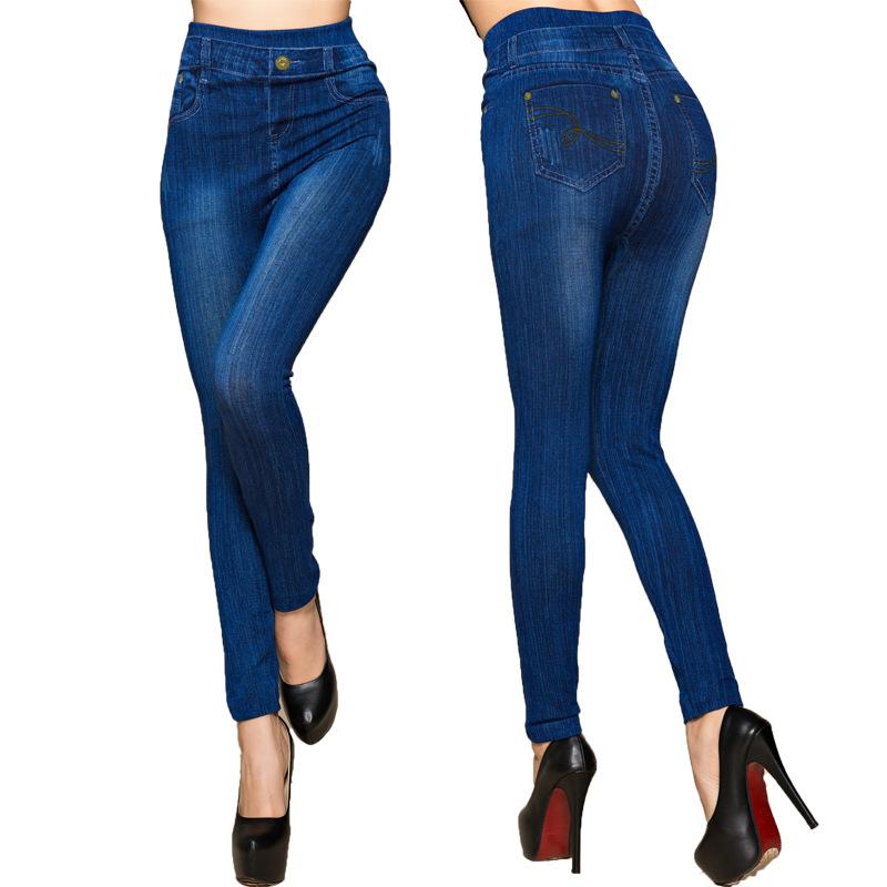 レギンス レディース 韓国 スキニー デニム風 ストレッチ スリムフィット 高見え ブルー コットン(x3)