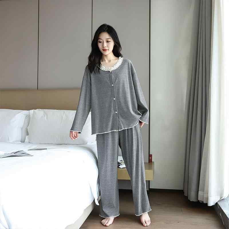 パジャマ レディース 大きいサイズ 秋冬 長袖 上下セット 綿混 ストライプ柄 ラウンドネック レース 部屋着 ルームウェア 婦人 女性 あったか グレー コーヒー 黄緑