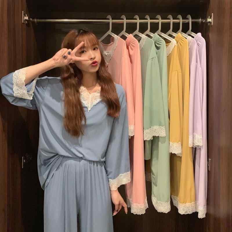 パジャマ レディース ルームウェア 上下セット 接触冷感 寝巻き 部屋着 長袖 長ズボン Vネック レース 春夏 秋冬 涼しい 快適 柔らかい ポリエステル ピンク系(x2)