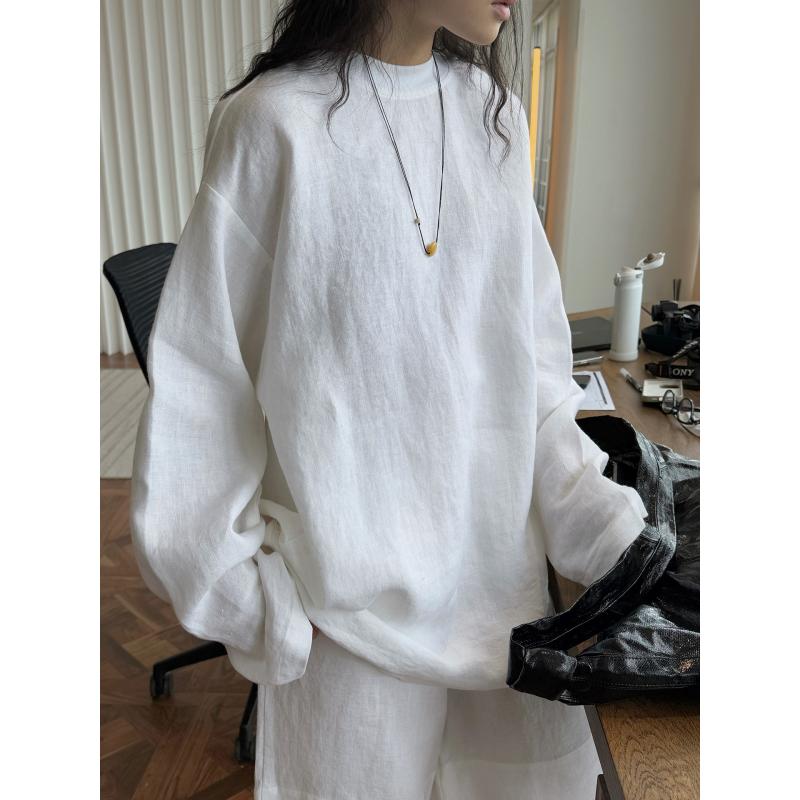 Tシャツ レディース 麻 リネン ラウンドネック 長袖 ゆったり ビッグシルエット 切り替え 春夏 白 ワイ..