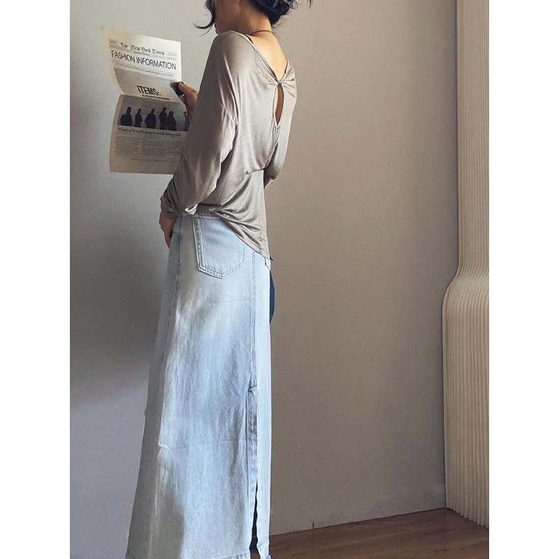 Tシャツ レディース 天竺 長袖 ゆったり トップス 接触冷感 無地 ドロップショルダー カジュアル 深グレー 麻色(x2)