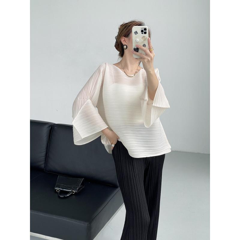 Tシャツ レディース ポリエステル 長袖 プルオーバー ラウンドネック 褶皺 ランタンスリーブ ゆったり 白 紫色 水色 黒 エレガント 通勤着(4)