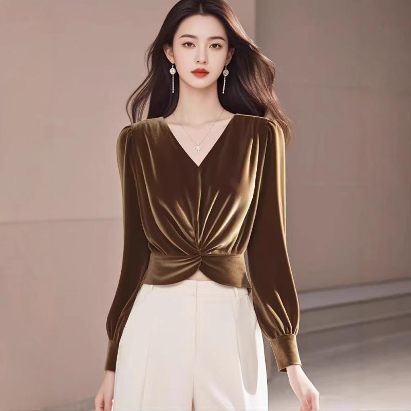 Tシャツ レディース 早秋 Vネック ポリエステル 無地 トップス 長袖 咖色 ベルベット カットソー 通勤 きれいめ