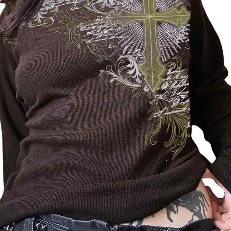 Tシャツ レディース トップス 長袖 レトロ風 クロスプリント ポリエステル カットソー コーヒー色 プル..