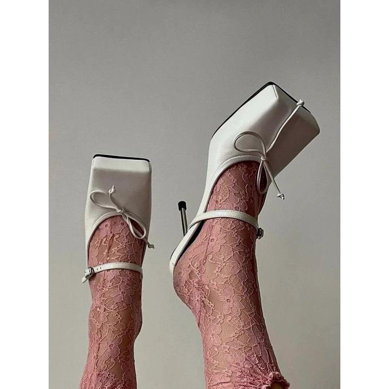 パンプス レディース バレエシューズ ポインテッドトゥ ピンヒール ストラップ サンダル 春夏 米白 黒 赤(4)