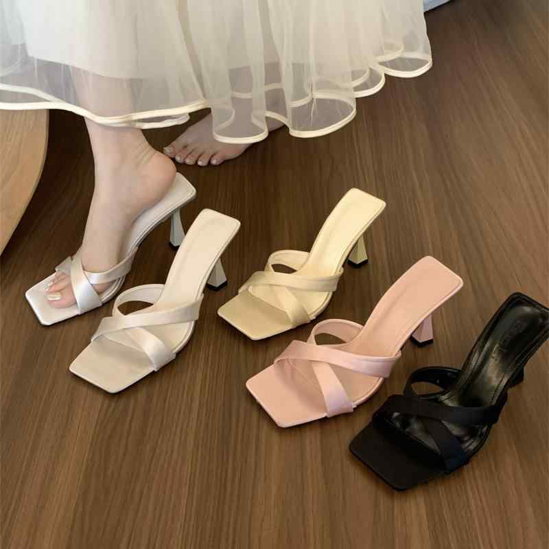 サンダル レディース シルバー ピンク系 黄色 黒 オープントゥ ピンヒール スリッパ ミュール 纤ゴム底 一文字型 スクエアトゥ 通勤 春夏