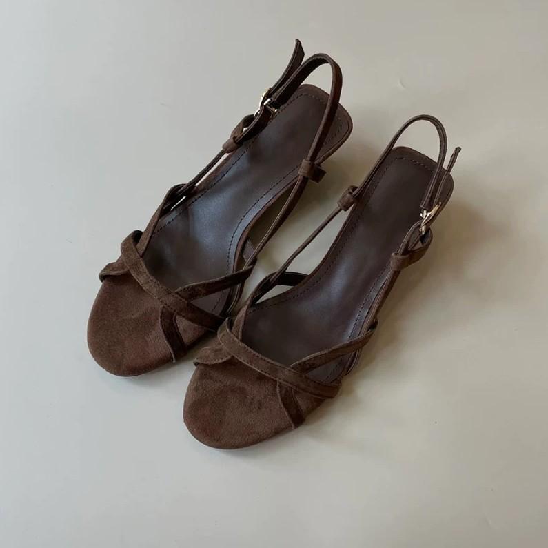 サンダル レディース 羊革 スエード調 レトロ ローマ風 厚底 ラウンドトゥ バックストラップ 婦人靴 茶色 黒